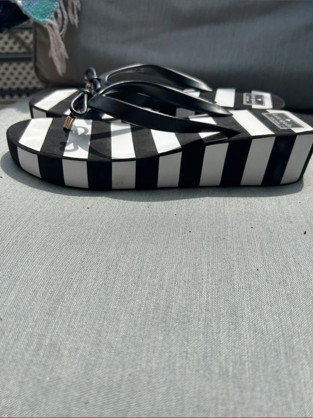 kate spade Black & White Striped Bow Flip Flop Sandals